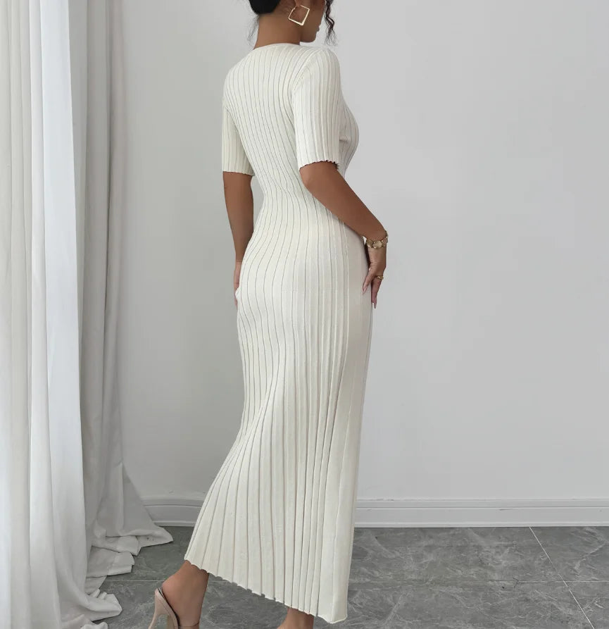 Elegant Short Sleeved Round Neck Casual Long Dress