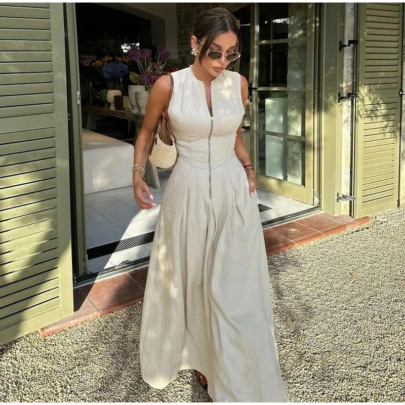 Long Sleeveless Zip-up Maxi Dress