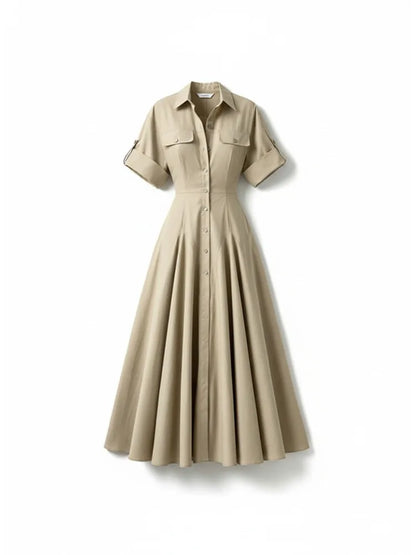 Slim Waist A-line Pleated Button-up Dress