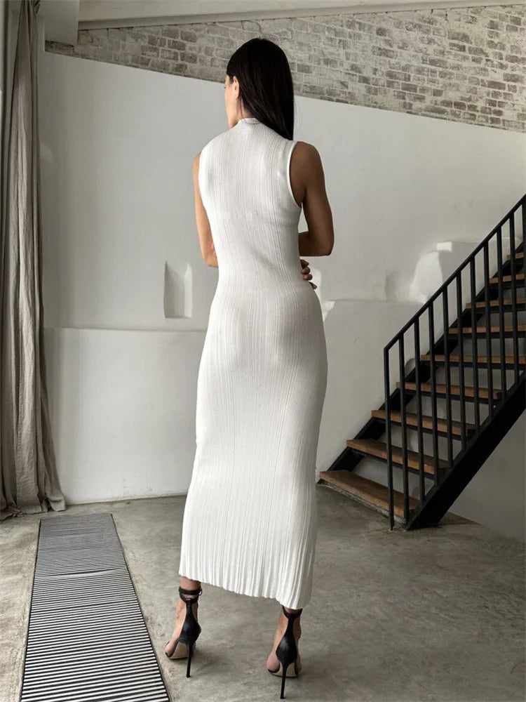 Sleeveless Ribbed Knit Turtleneck Maxi Dress