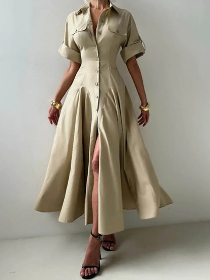 Slim Waist A-line Pleated Button-up Dress