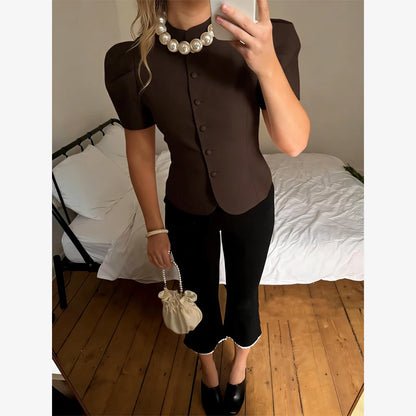 Satin Solid Round Neck Puffer Short Sleeve Button-up Blouse