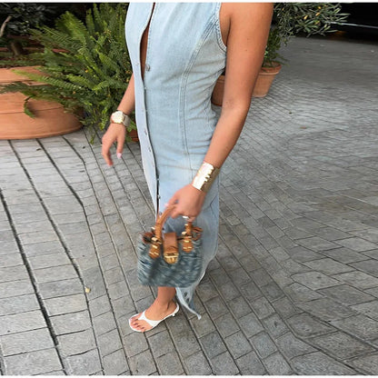 Sleeveless Denim Collared Maxi Dress