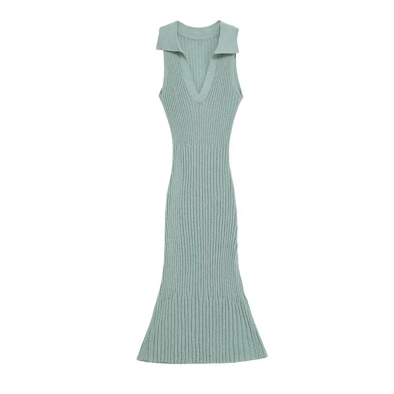 Women's Trimmed Knitted Long collared dress
