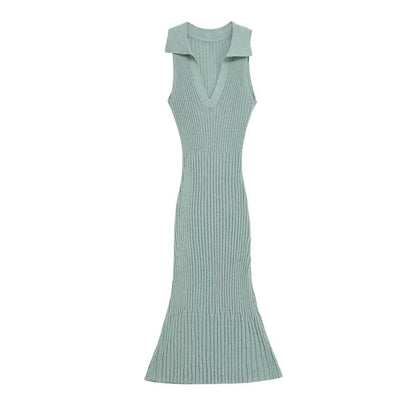 Women's Trimmed Knitted Long collared dress