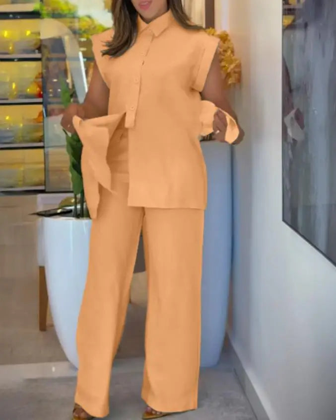 Elegant Short-sleeved Single Breasted Pants Set