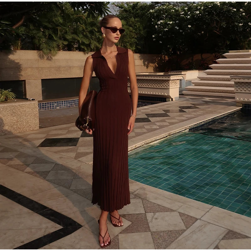 Elegant Knitted Pleated Polo Neck A-line Evening Dress