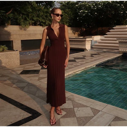 Elegant Knitted Pleated Polo Neck A-line Evening Dress