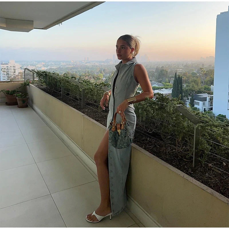 Sleeveless Denim Collared Maxi Dress
