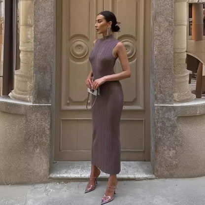 Sleeveless Ribbed Knit Turtleneck Maxi Dress