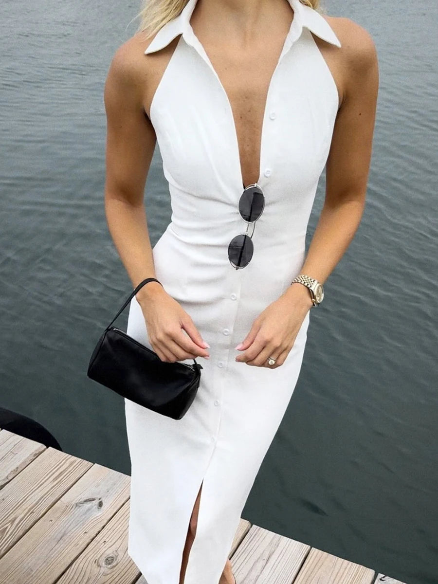 Solid Slim Fit Sleeveless Collared Single Breasted Dress