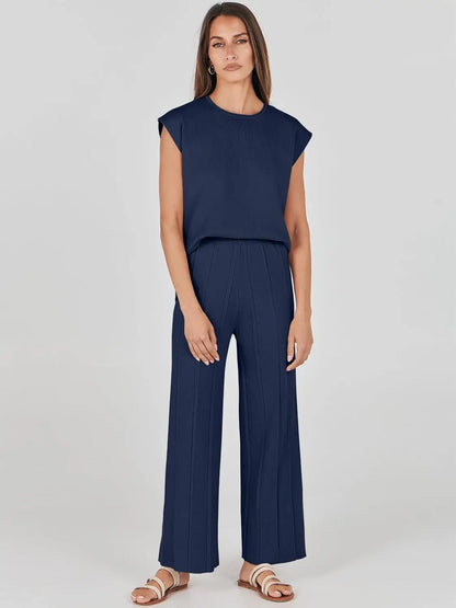 Knitted Two Piece Sleeveless Round Neck Top with High Wasted Wide Leg Pants