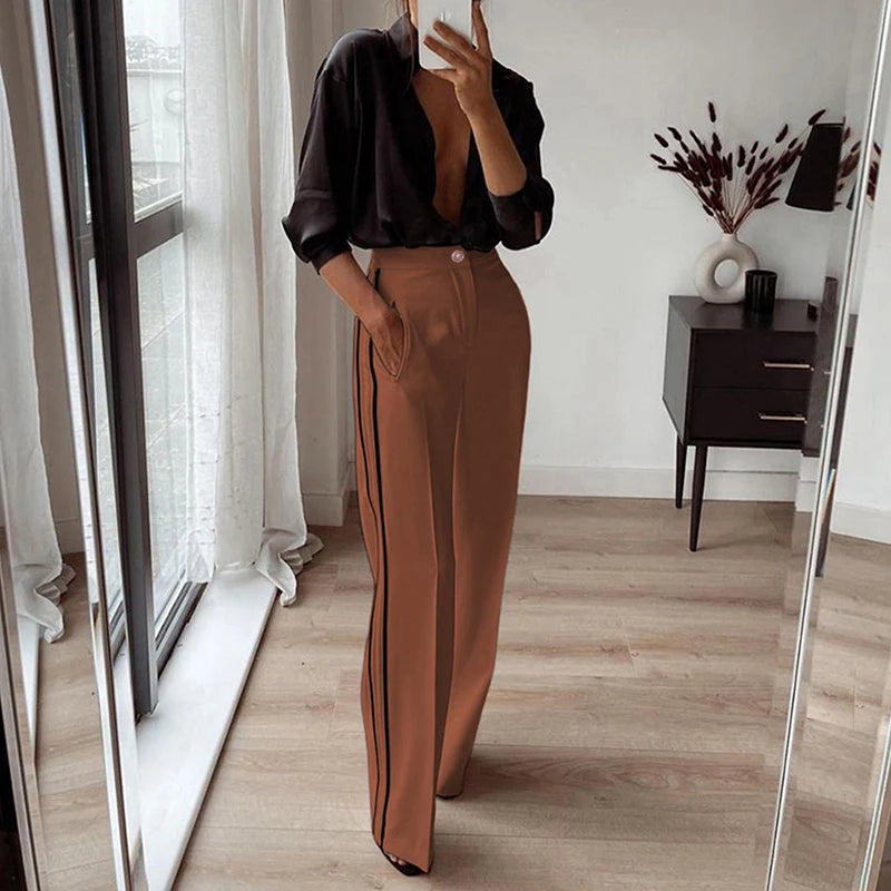 Elegant Side Striped High Waisted Straight Long Trousers