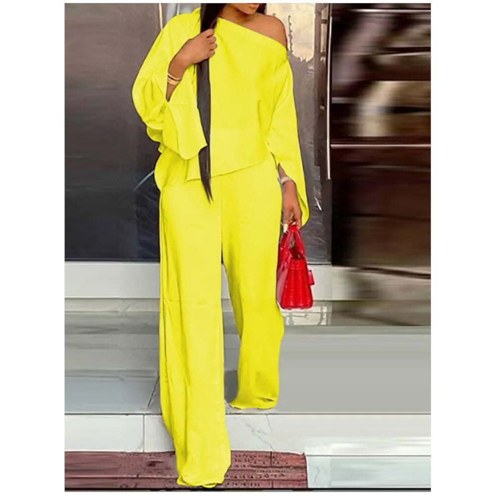 Diagonal Shoulder Wide Leg Trouser 2 piece Set
