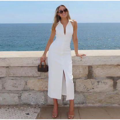 White Sleeveless Collared Denim Maxi Dress