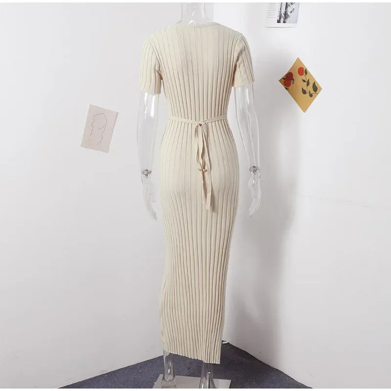 Knitted Short Sleeve Pleated Long Dress