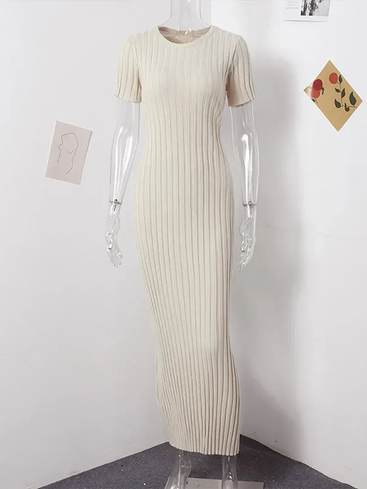 Knitted Short Sleeve Pleated Long Dress