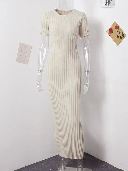 Knitted Short Sleeve Pleated Long Dress