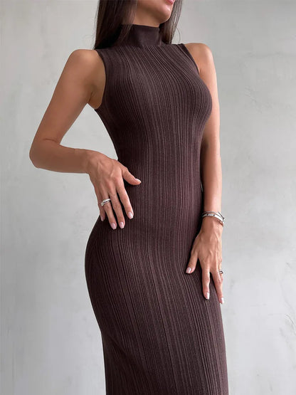 Sleeveless Ribbed Knit Turtleneck Maxi Dress