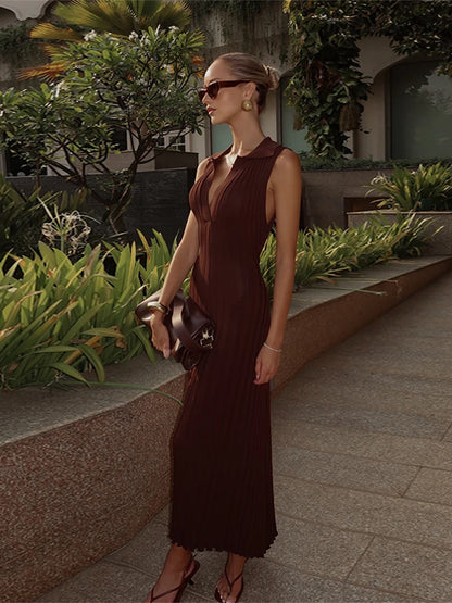 Elegant Knitted Pleated Polo Neck A-line Evening Dress