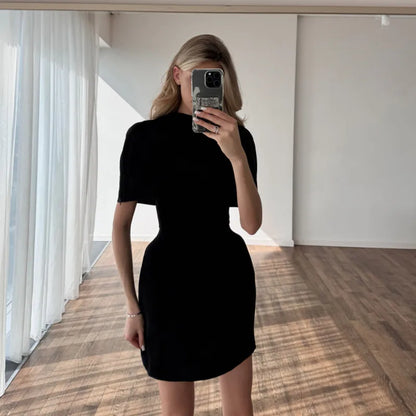 Elegant Solid Shawl Waist Cinching Dress