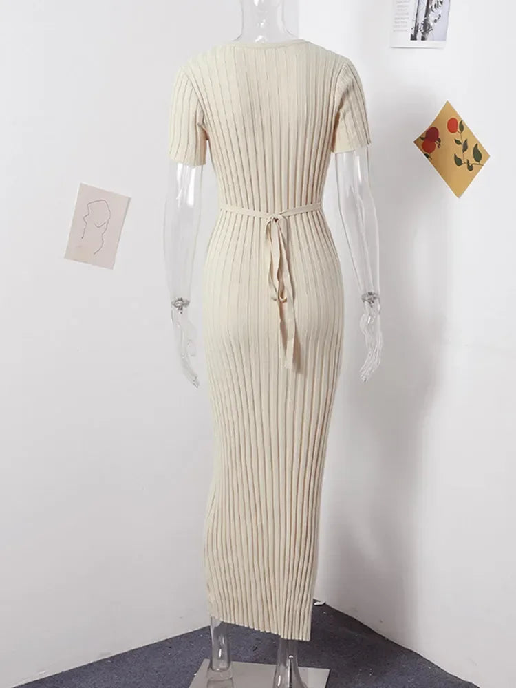 Knitted Short Sleeve Pleated Long Dress