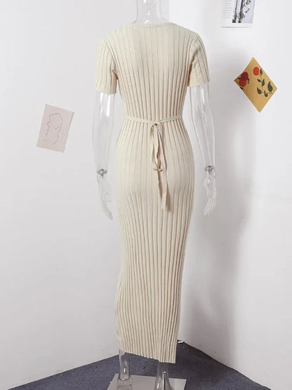 Knitted Short Sleeve Pleated Long Dress