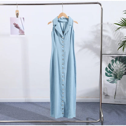 Sleeveless Denim Collared Maxi Dress