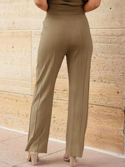 Knitted Two Piece Sleeveless Round Neck Top with High Wasted Wide Leg Pants