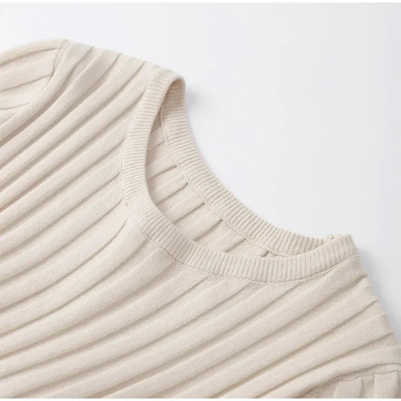 Knitted Short Sleeve Pleated Long Dress