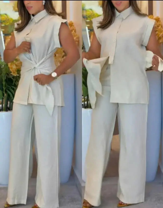 Elegant Short-sleeved Single Breasted Pants Set