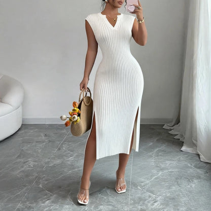 Knitted Sleeveless V-Neck Side Slit Maxi Dress