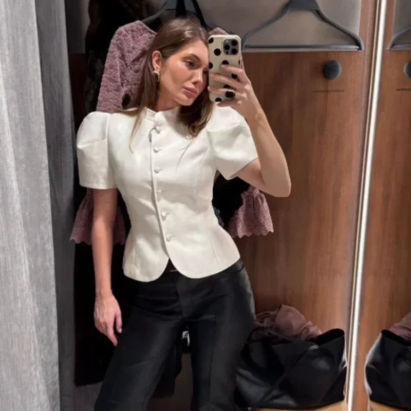 Satin Solid Round Neck Puffer Short Sleeve Button-up Blouse