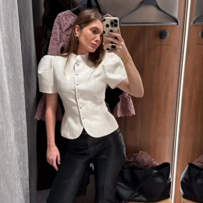 Satin Solid Round Neck Puffer Short Sleeve Button-up Blouse