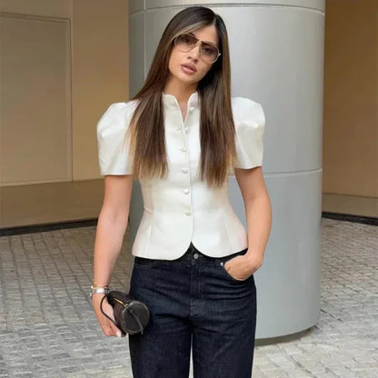Satin Solid Round Neck Puffer Short Sleeve Button-up Blouse