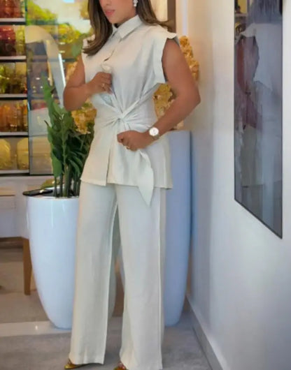 Elegant Short-sleeved Single Breasted Pants Set