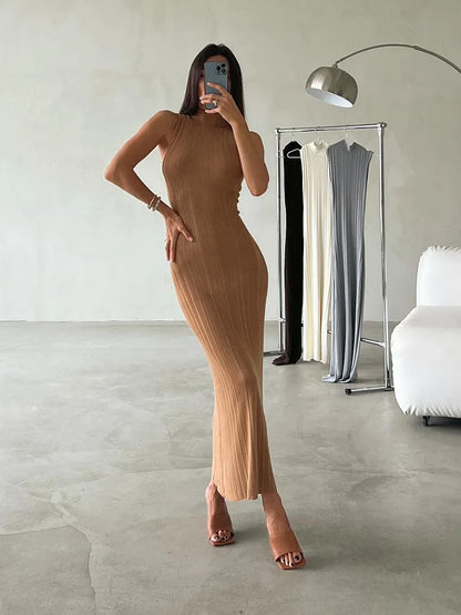 Sleeveless Ribbed Knit Turtleneck Maxi Dress