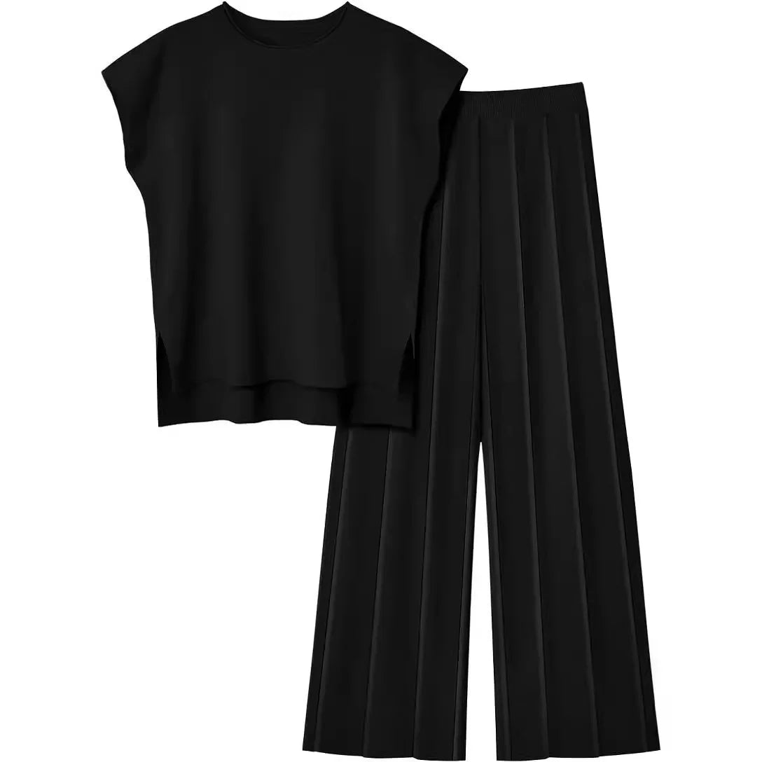 Knitted Two Piece Sleeveless Round Neck Top with High Wasted Wide Leg Pants