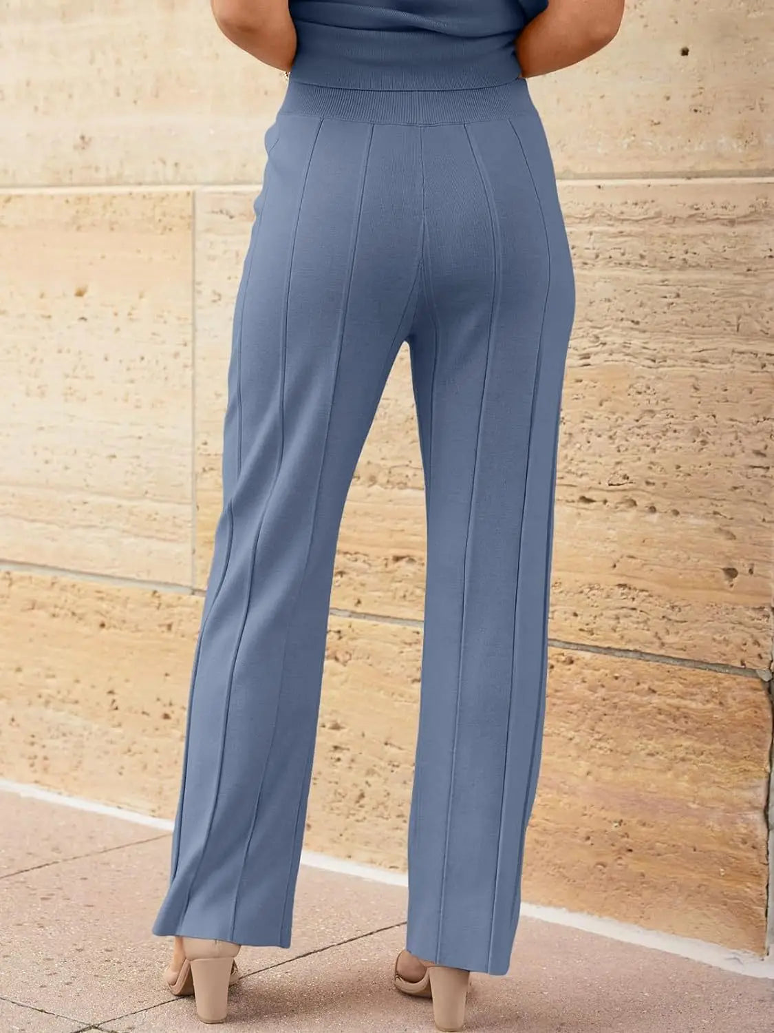 Knitted Two Piece Sleeveless Round Neck Top with High Wasted Wide Leg Pants