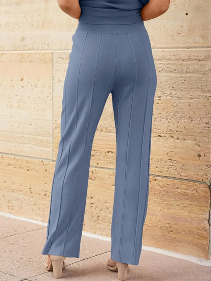 Knitted Two Piece Sleeveless Round Neck Top with High Wasted Wide Leg Pants