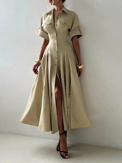 Slim Waist A-line Pleated Button-up Dress
