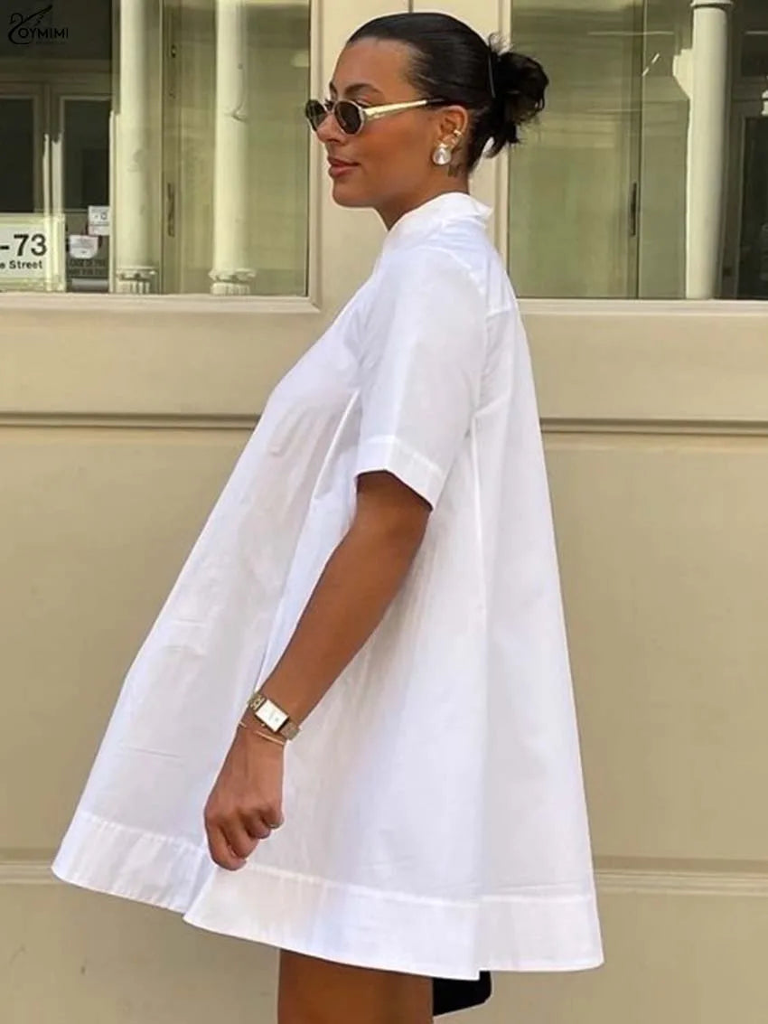 White Turn-Down Collar Half Sleeve Button Dress