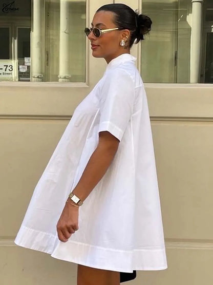 White Turn-Down Collar Half Sleeve Button Dress