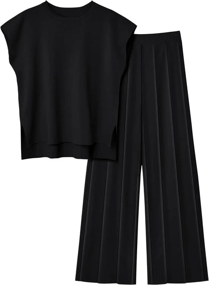 Knitted Two Piece Sleeveless Round Neck Top with High Wasted Wide Leg Pants