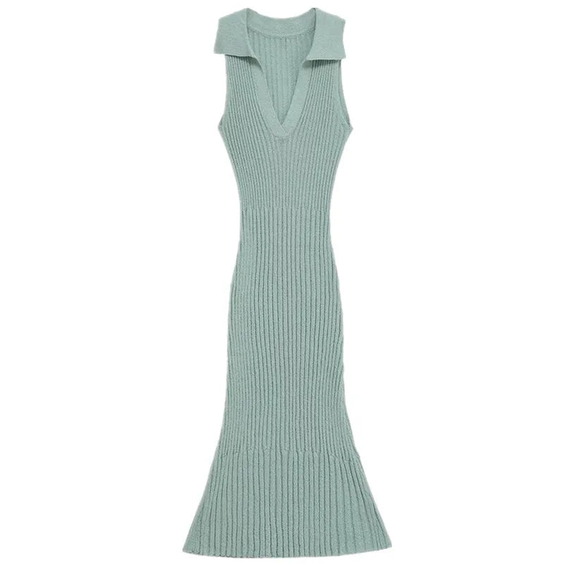 Women's Trimmed Knitted Long collared dress