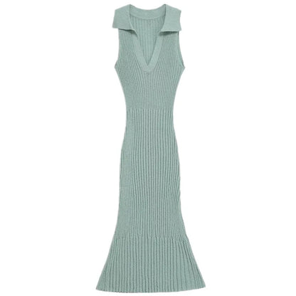 Women's Trimmed Knitted Long collared dress