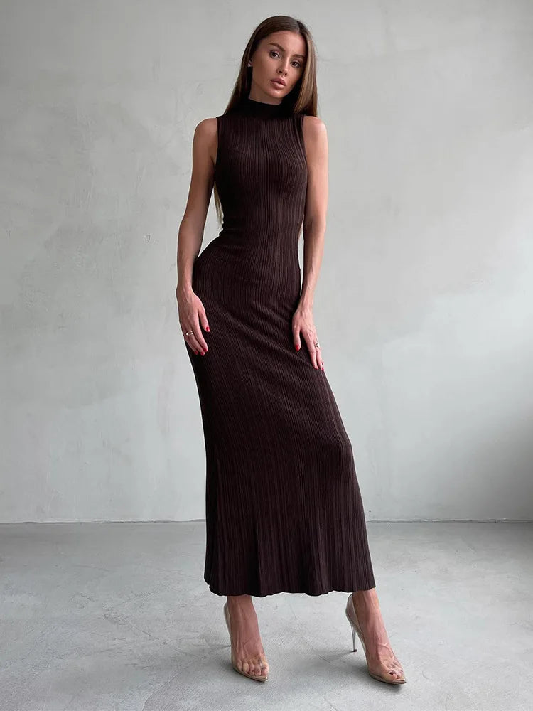 Sleeveless Ribbed Knit Turtleneck Maxi Dress