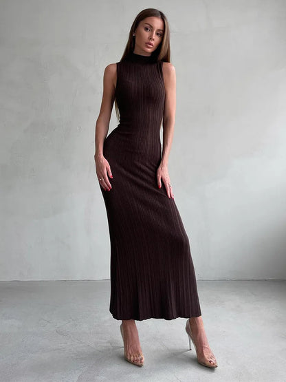 Sleeveless Ribbed Knit Turtleneck Maxi Dress